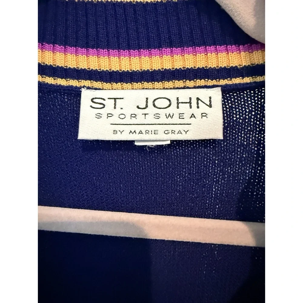 St John Sport‎ Marie Gray Knit Zip Jacket Blue Stripe Trim Size L USA